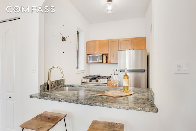 kitchen with appliances with stainless steel finishes, stone countertops, a sink, and a peninsula