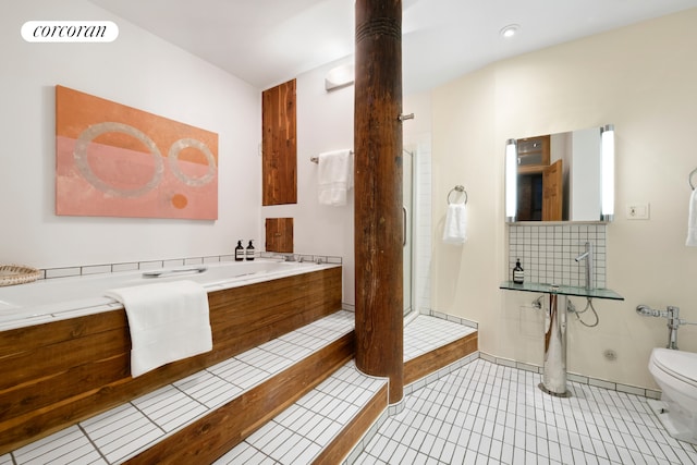 full bath with a garden tub, toilet, visible vents, a shower stall, and tile patterned floors