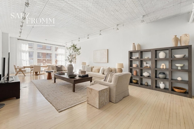 living area with hardwood / wood-style flooring and track lighting