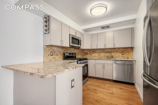 kitchen featuring appliances with stainless steel finishes, a peninsula, a sink, decorative backsplash, and light wood-style floors
