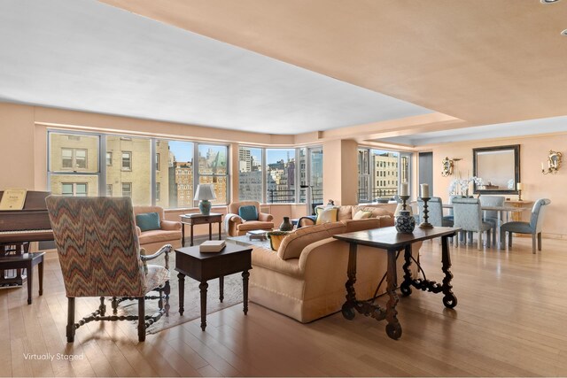 living area featuring a city view and hardwood / wood-style flooring