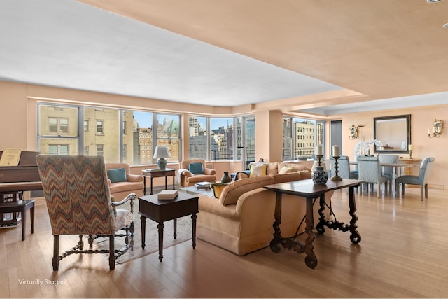 living area with a city view and wood-type flooring