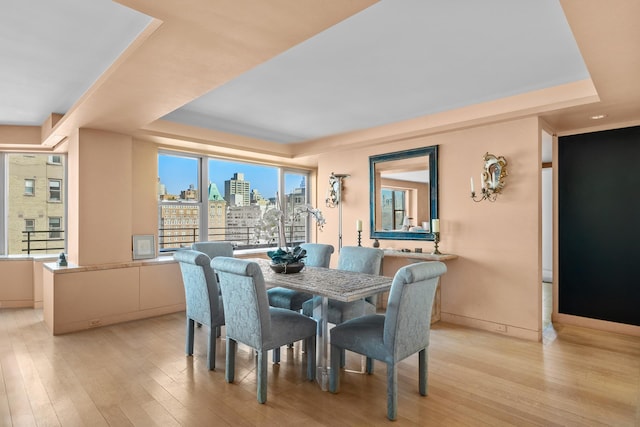 dining room with a raised ceiling, a city view, baseboards, and light wood finished floors