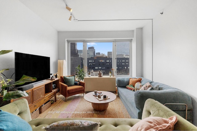 living room featuring rail lighting