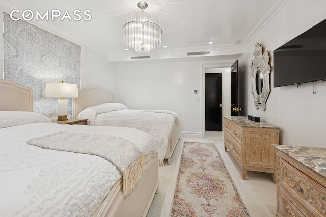 bedroom with a chandelier, recessed lighting, visible vents, and crown molding