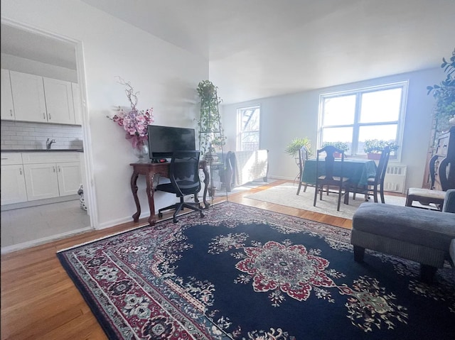 living room featuring baseboards and wood finished floors