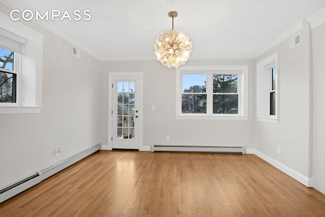 unfurnished dining area featuring baseboard heating, light wood-style floors, an inviting chandelier, and ornamental molding