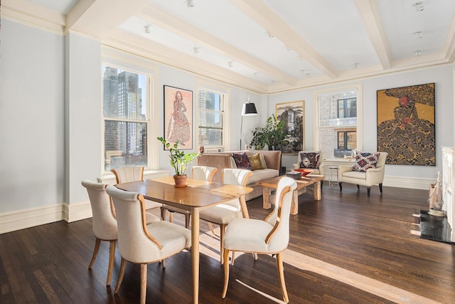 dining space featuring dark wood-style flooring, beamed ceiling, and baseboards