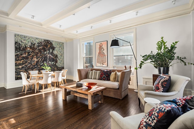 living room featuring hardwood / wood-style flooring, baseboards, and beam ceiling