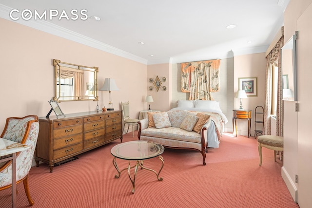 carpeted bedroom with ornamental molding and recessed lighting