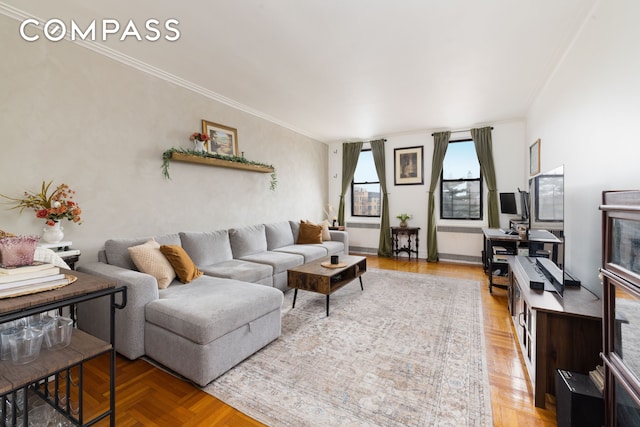 living area with ornamental molding