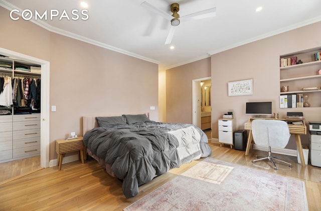 288 W 92nd St Unit 5Ade, New York City, NY 10025 - bedroom featuring ornamental molding, wood finished floors, a closet, an office area, and a ceiling fan