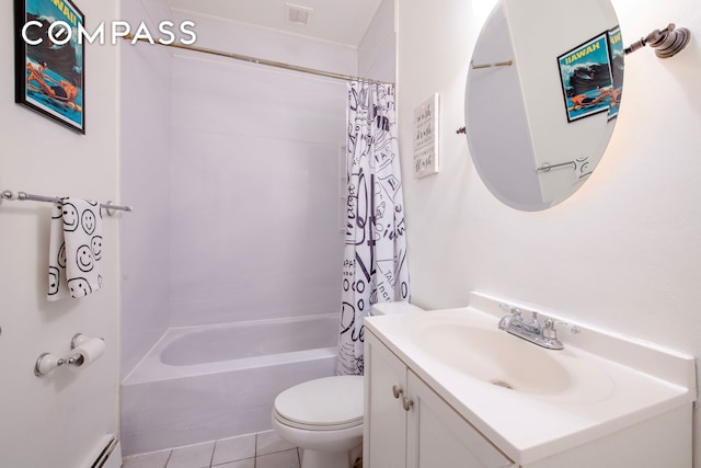 bathroom featuring shower / tub combo with curtain, visible vents, toilet, a baseboard heating unit, and vanity