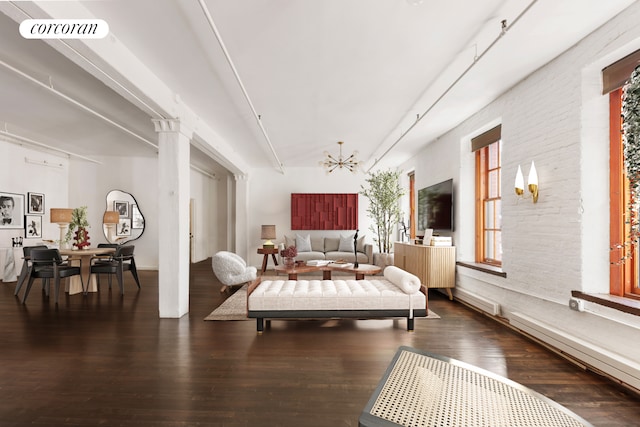 bedroom with visible vents, decorative columns, an inviting chandelier, and wood finished floors