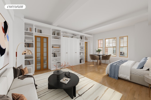 bedroom featuring french doors, beamed ceiling, wood finished floors, and visible vents