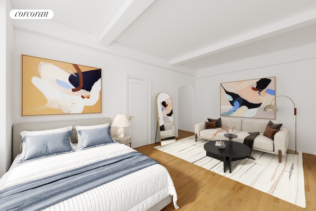 bedroom with arched walkways, visible vents, beamed ceiling, and wood finished floors