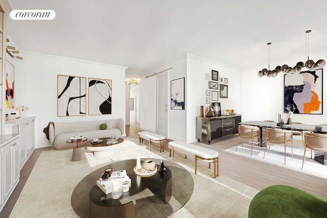 living room with light wood-type flooring, visible vents, a chandelier, and crown molding