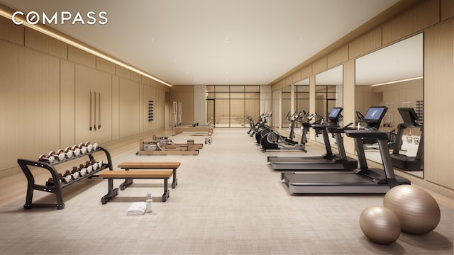 exercise room featuring carpet flooring and a decorative wall