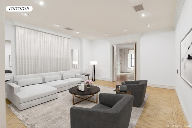 living area featuring baseboards, visible vents, and crown molding