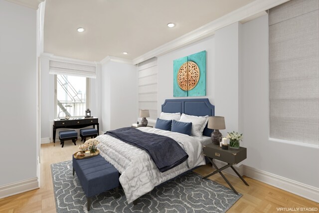 bedroom with ornamental molding, recessed lighting, and baseboards