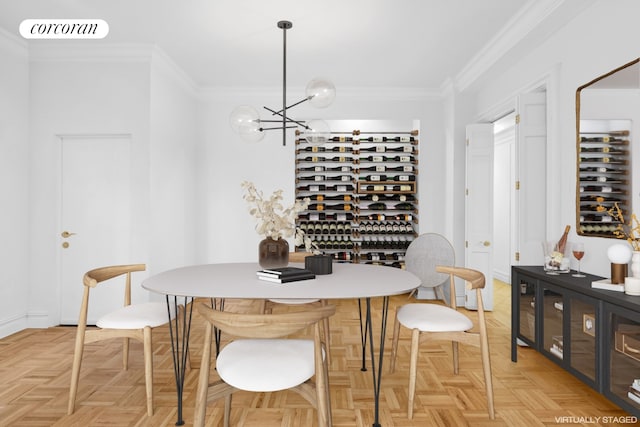 wine cellar with visible vents, a chandelier, and ornamental molding