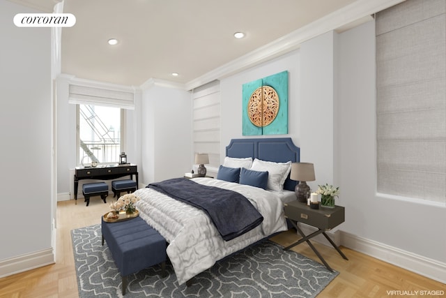 bedroom featuring ornamental molding, recessed lighting, visible vents, and baseboards