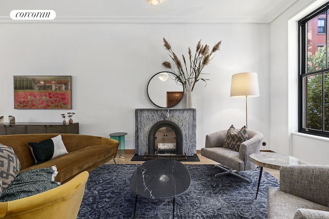 living area with visible vents, crown molding, and a premium fireplace