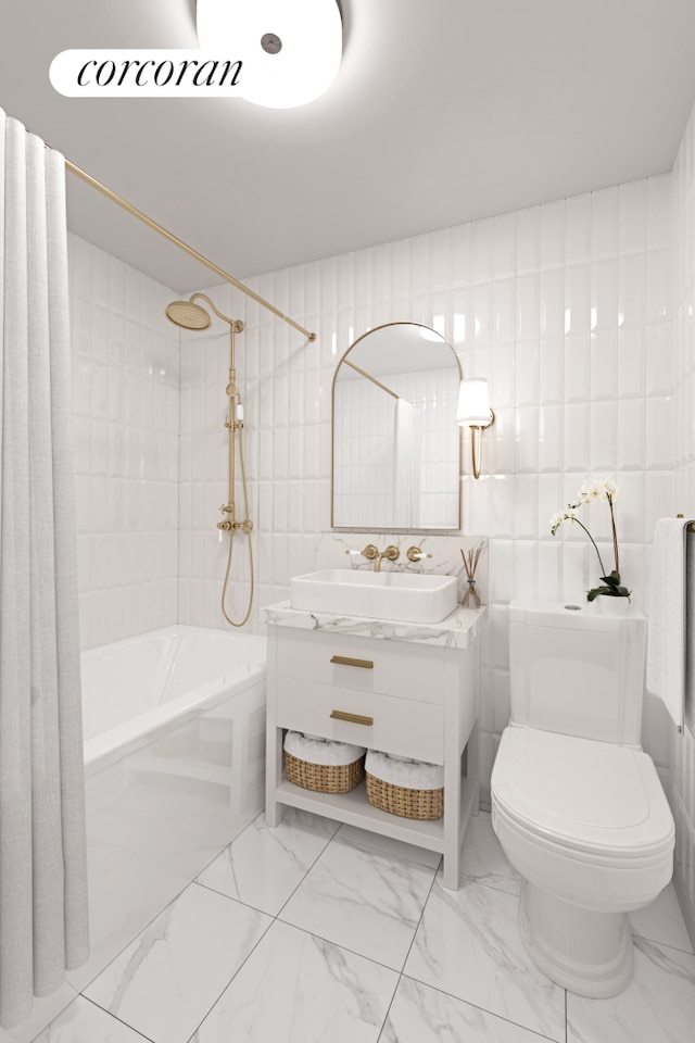 full bath featuring toilet, vanity, marble finish floor, tile walls, and shower / bathtub combination with curtain