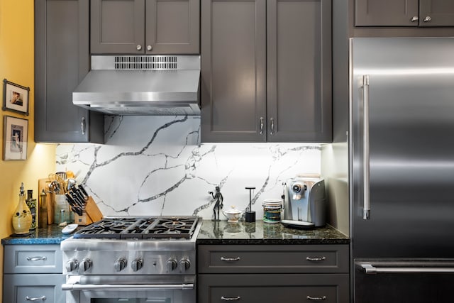 kitchen featuring gray cabinets, high quality appliances, tasteful backsplash, dark stone counters, and under cabinet range hood