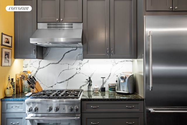 kitchen with under cabinet range hood, high quality appliances, decorative backsplash, and gray cabinetry