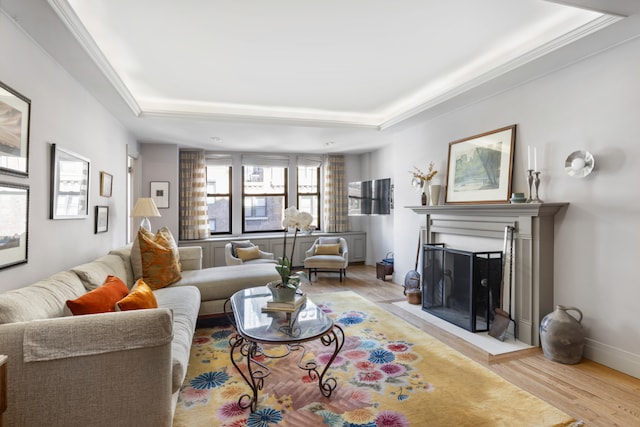 living area with a raised ceiling, a fireplace, wood finished floors, and baseboards