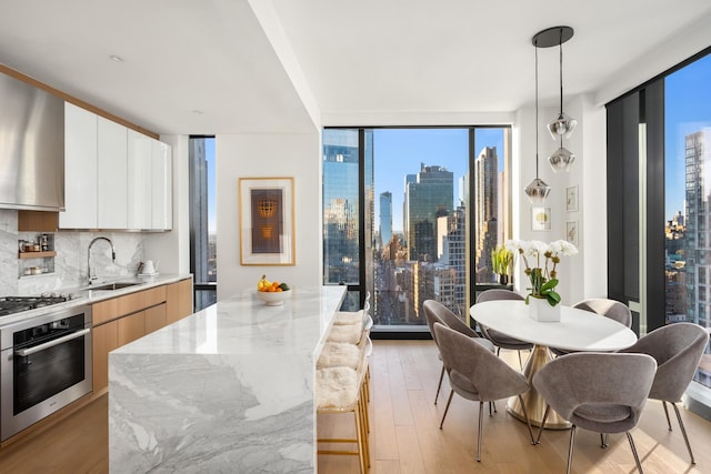 kitchen featuring floor to ceiling windows, backsplash, appliances with stainless steel finishes, a sink, and light wood-type flooring