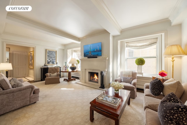 living area featuring a warm lit fireplace, plenty of natural light, visible vents, and crown molding