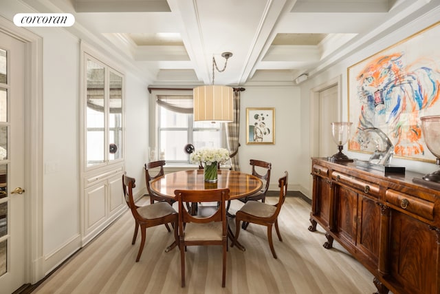 dining room featuring crown molding, visible vents, coffered ceiling, beamed ceiling, and baseboards