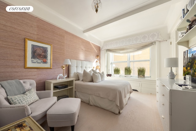 bedroom featuring wallpapered walls, visible vents, and beamed ceiling