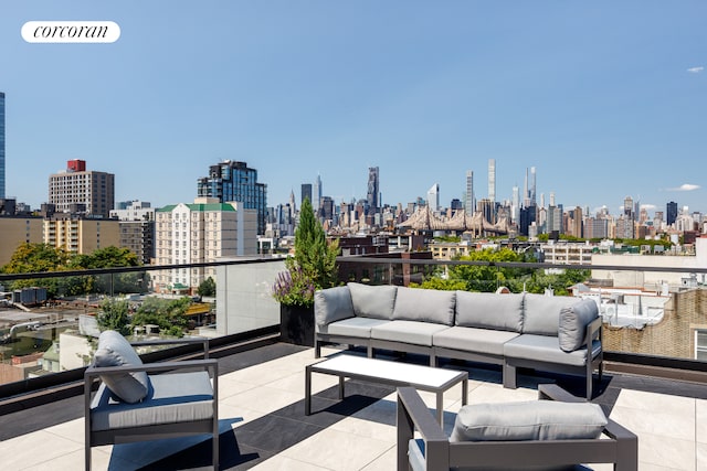 27-09 40th Ave Unit 3G, New York City, NY 11101 - view of patio / terrace featuring an outdoor living space, a skyline view, and a balcony