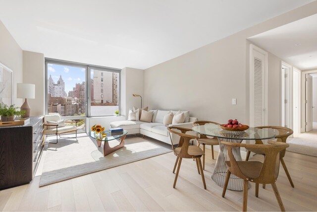 212 W 72nd St Unit 7J, New York City, NY 10023 - living area with light wood-type flooring and a view of skyline