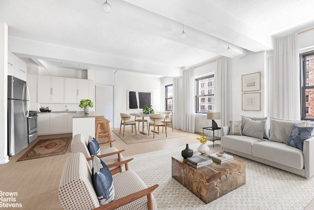 living area with light wood-style flooring and a textured ceiling