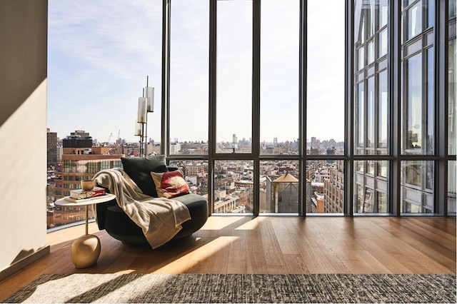 sitting room featuring a city view, wood finished floors, and floor to ceiling windows