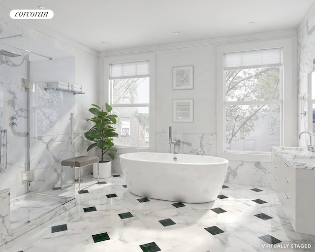 bathroom featuring ornamental molding, a healthy amount of sunlight, a freestanding bath, and a marble finish shower