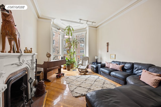 living area featuring rail lighting, a fireplace with flush hearth, wood-type flooring, and crown molding