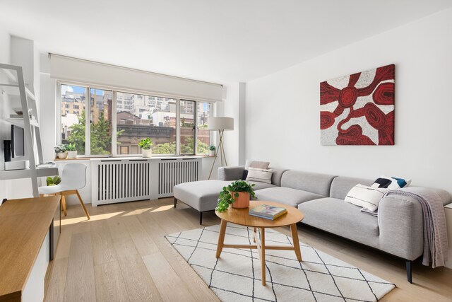 living area with wood finished floors and radiator