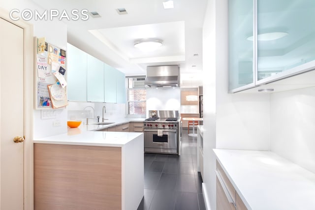 8 E 96th St Unit 7C, New York City, NY 10128 - kitchen featuring luxury stove, wall chimney exhaust hood, a tray ceiling, a sink, and backsplash