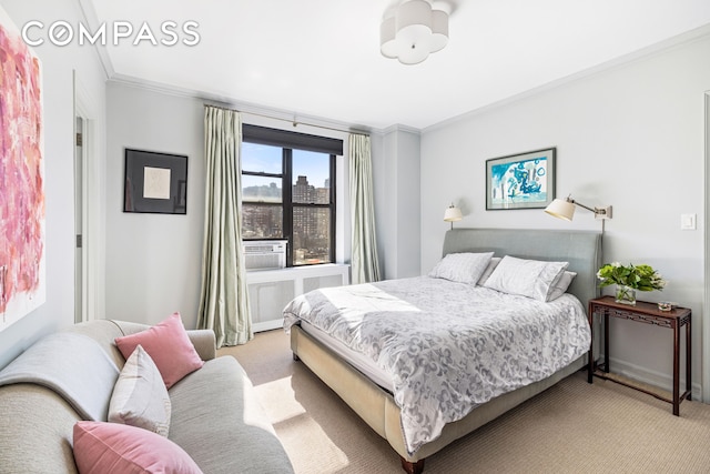 carpeted bedroom featuring ornamental molding and radiator