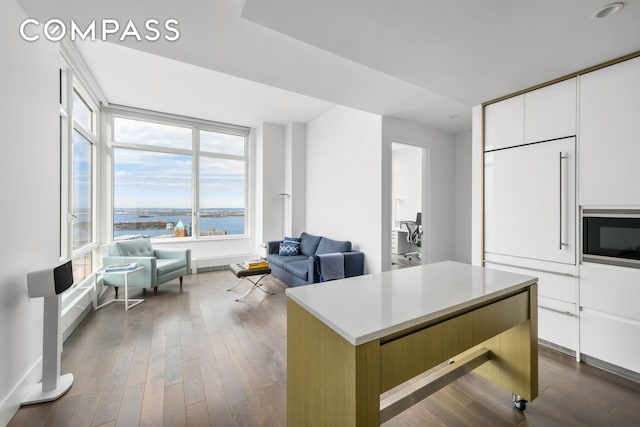 kitchen featuring modern cabinets, a kitchen island, dark wood-type flooring, built in appliances, and a water view