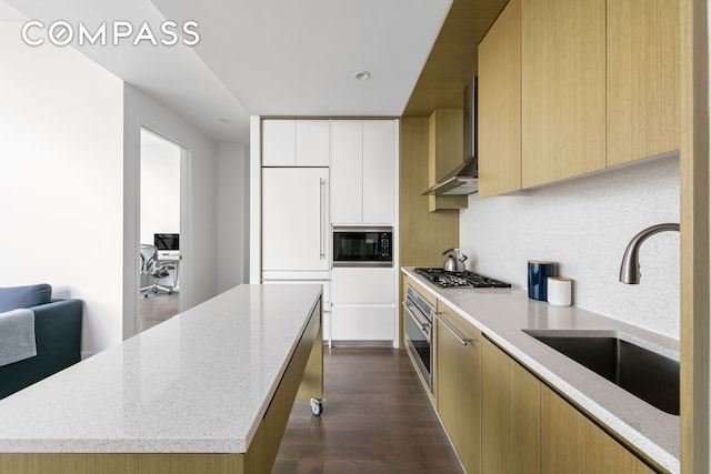 kitchen with light stone countertops, a sink, wall chimney range hood, modern cabinets, and built in appliances