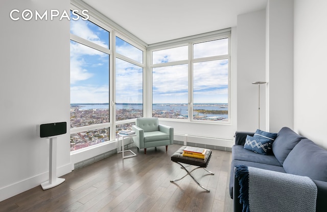 living room with baseboards, a view of city, and wood finished floors