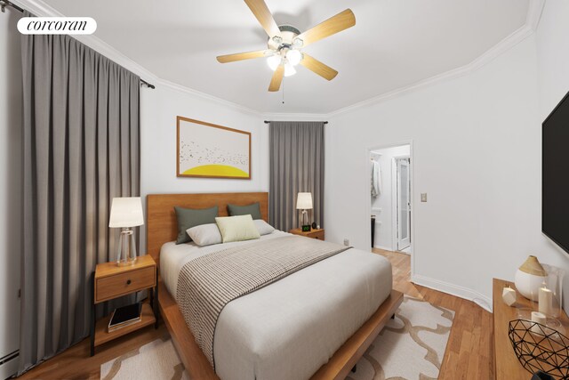 5 W 107th St Unit 1A, New York City, NY 10025 - bedroom featuring ornamental molding, wood finished floors, a baseboard radiator, ceiling fan, and baseboards