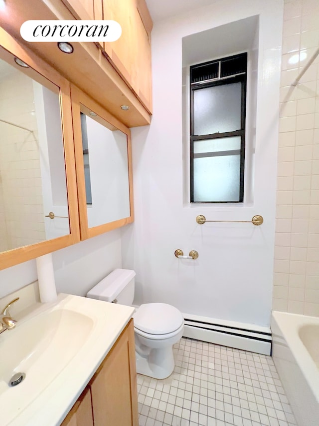 full bathroom with tile patterned flooring, toilet, a bathtub, baseboard heating, and a shower