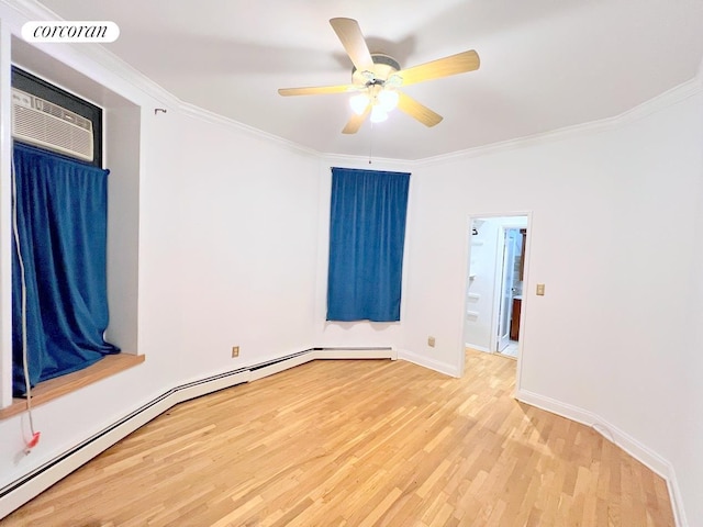 unfurnished room with a baseboard radiator, visible vents, light wood-type flooring, and ornamental molding